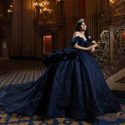 Sparkly Princess Navy Blue Off Shoulder Quinceanera Dresses Ball Gown 2024 Sweetheart Beads Crystal Sweet 16 Vestidos De 15 Años