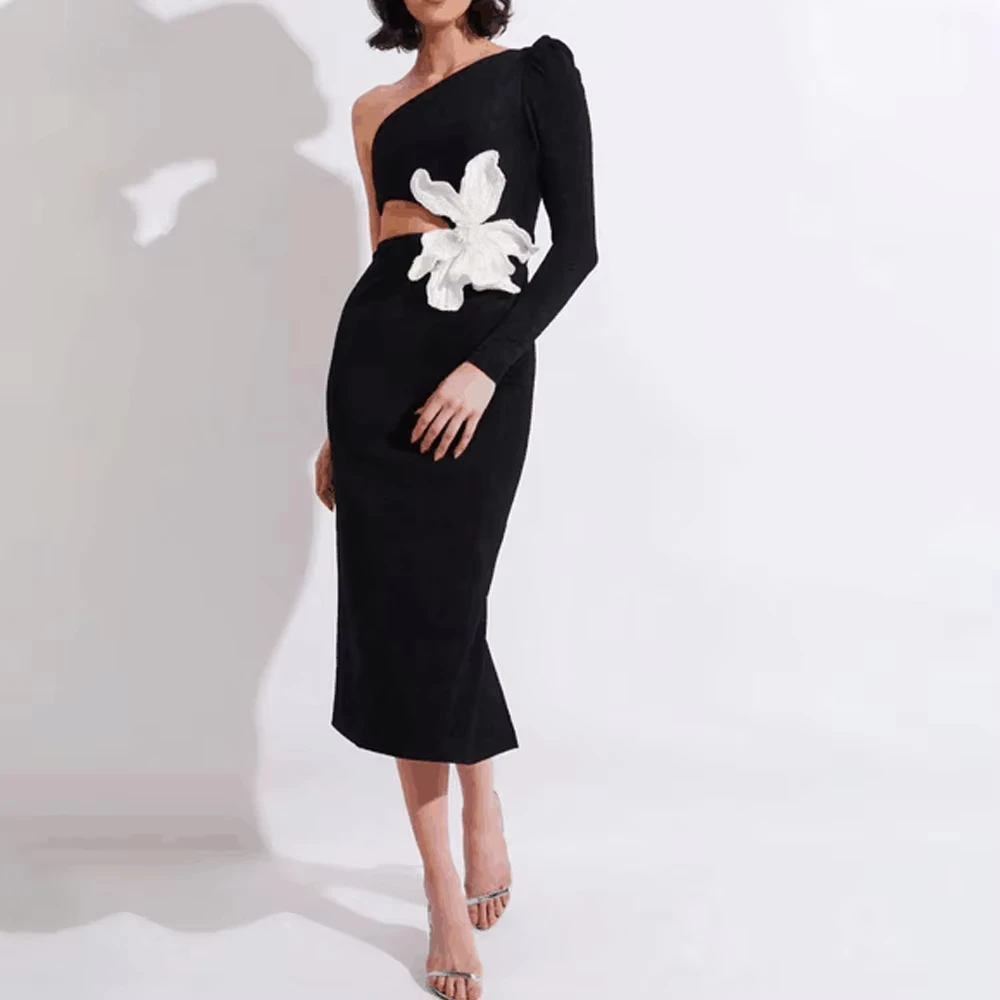 New Women's One-shoulder Long-sleeved Sexy Hollow Pearl Flowers Bandage Slim Mid-length Elegant Celebrity Party Evening Dresses