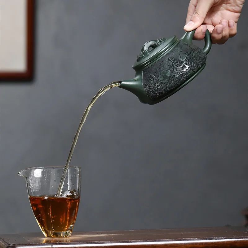 التقليد ييشينغ الأرجواني الطين إبريق الشاي الصينية اليدوية المشهد براد شاي الخام الخام الأخضر الطين غلاية المنزلية Zisha Teaware 340 مللي