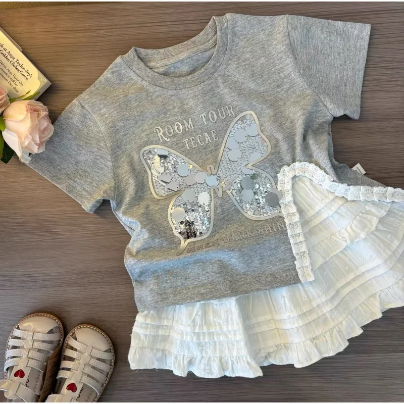 

Girls' Summer Outfit New Stylish Sequin Butterfly Short Sleeve Children's Fashion Skirt Baby Girl Two-Piece