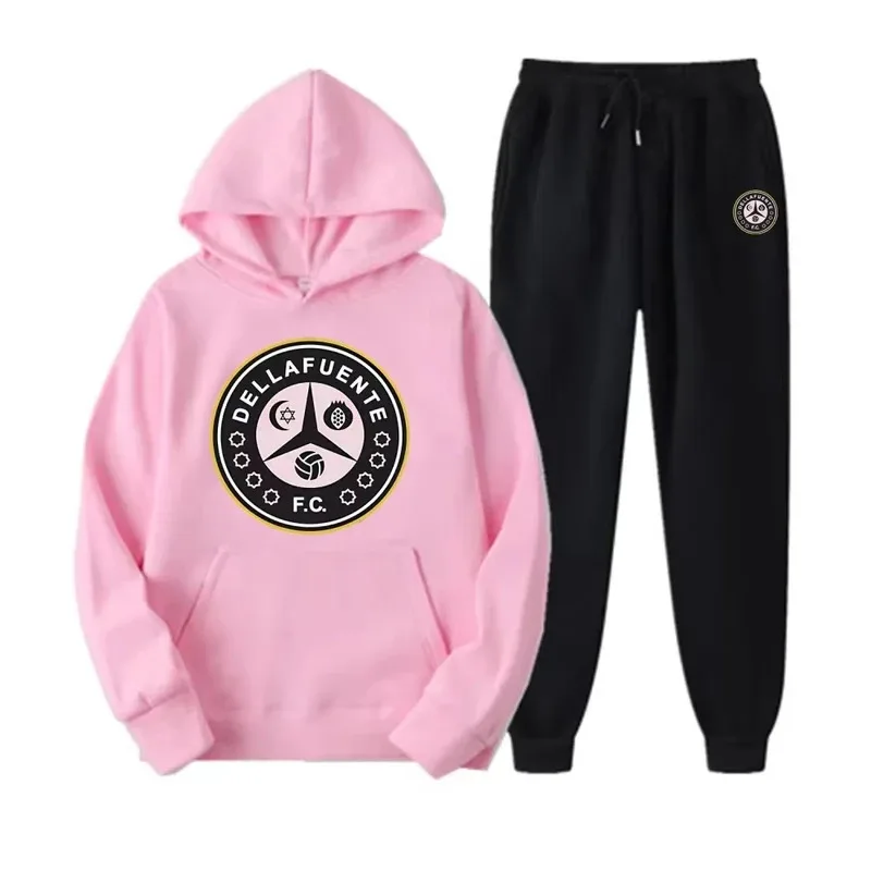 Dellafuente - طقم سراويل رياضية بغطاء للرأس بشعار FC للرجال قطع جديدة غير رسمية للخريف والشتاء الأكثر مبيعًا 2025
