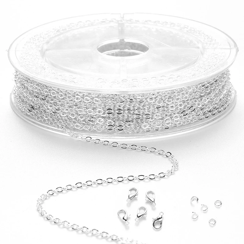 

3X Link Chain Spool Bulk With 4Mm Jump Ring And Lobster Clasps For Craft DIY Necklace Jewelry Making Silver Color