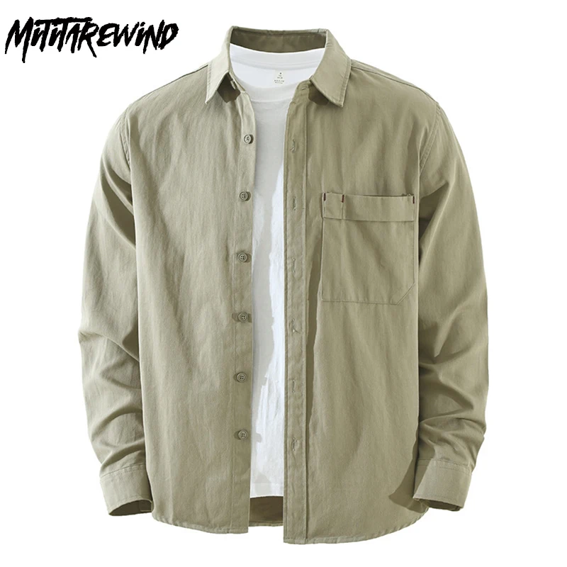 Japanese Simple Mens Long Sleeve Shirts Spring New in Shirts Lapel Pocket 100% Cotton Green Shirt Men Daily Clothes Casual Top