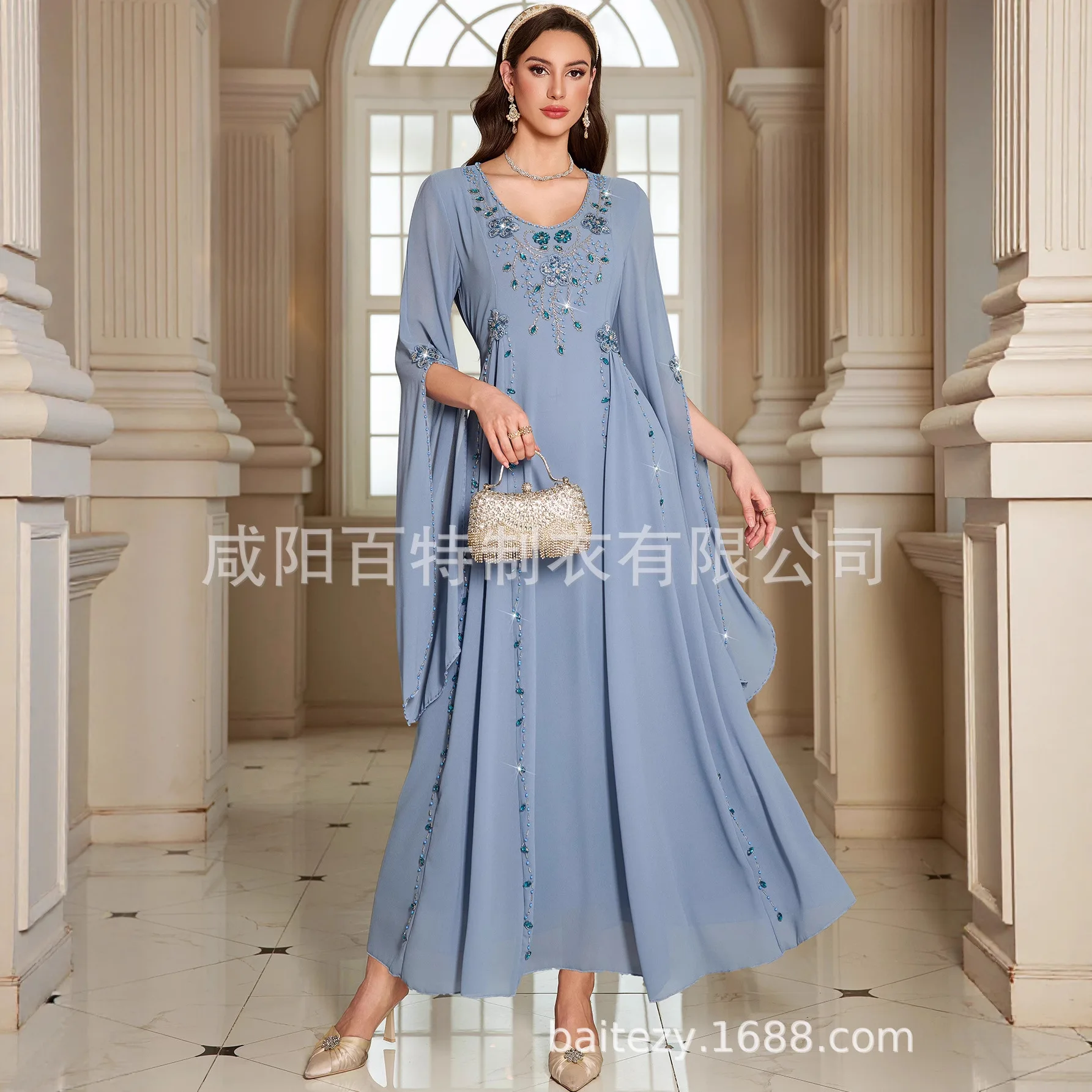 

Women's Blue Solid Color Beading O-neck Ankle Length Elegant Casual Trendy Abaya Female Muslim New Fashion Ceremonial Dresses