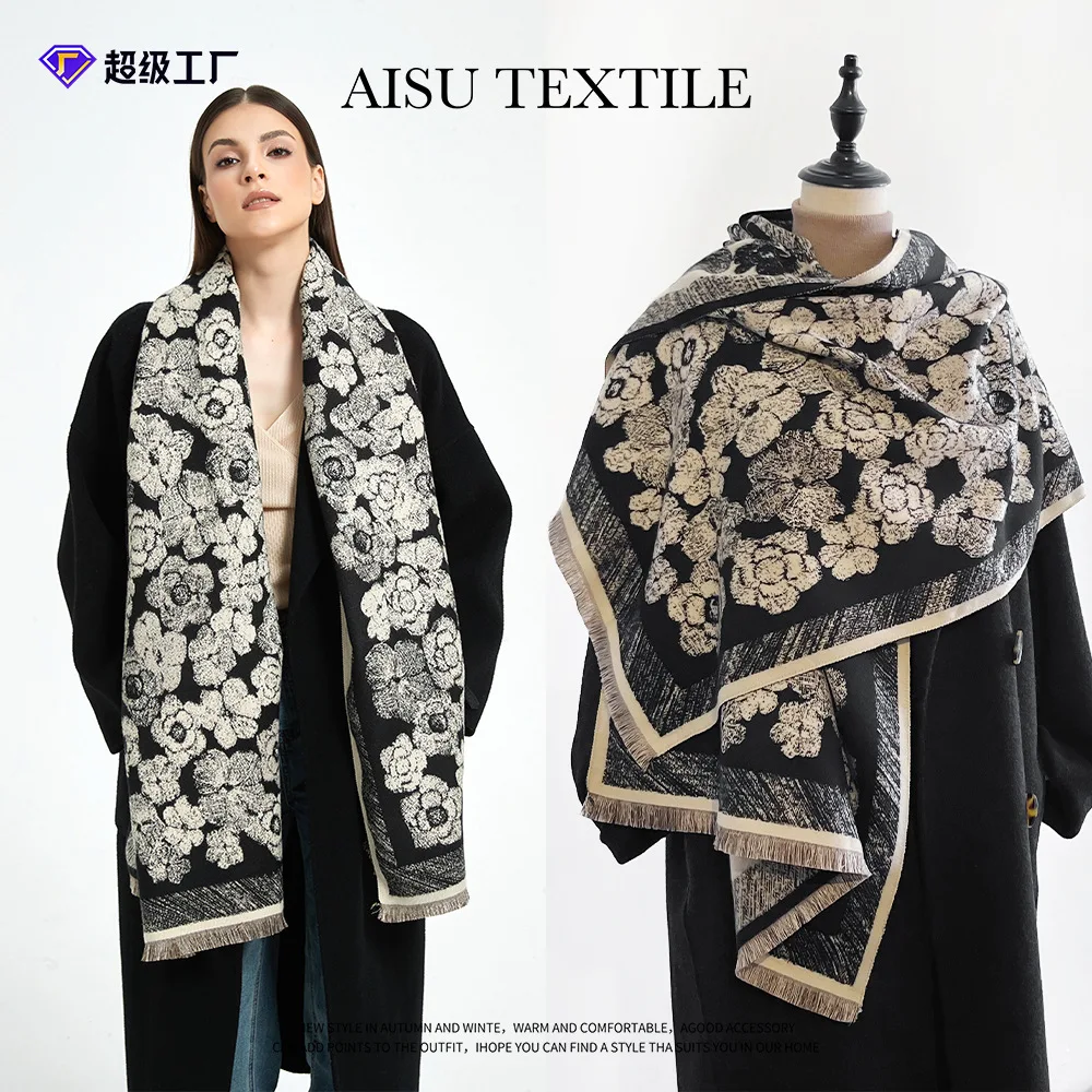 

New Camellia Jacquard Imitation Cashmere Scarf Women's Short Tassel High Grade Black Scarf Shawl Sjaal Bufanda 4w931