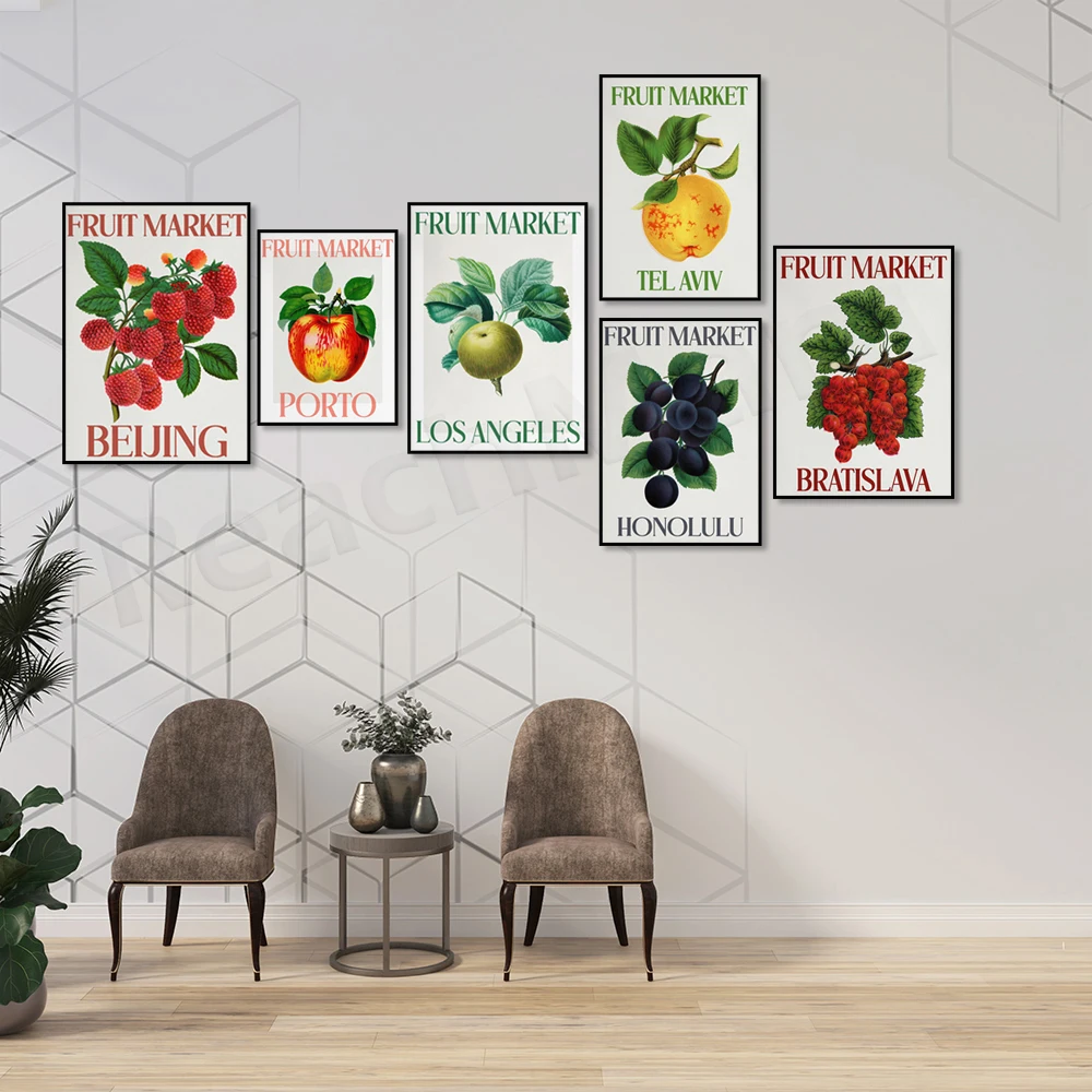 Fruit market, Nairobi, Los Angeles, Porto, Palermo, Brussels, Honolulu, Athens, Beijing city travel poster decoration, fruit gif