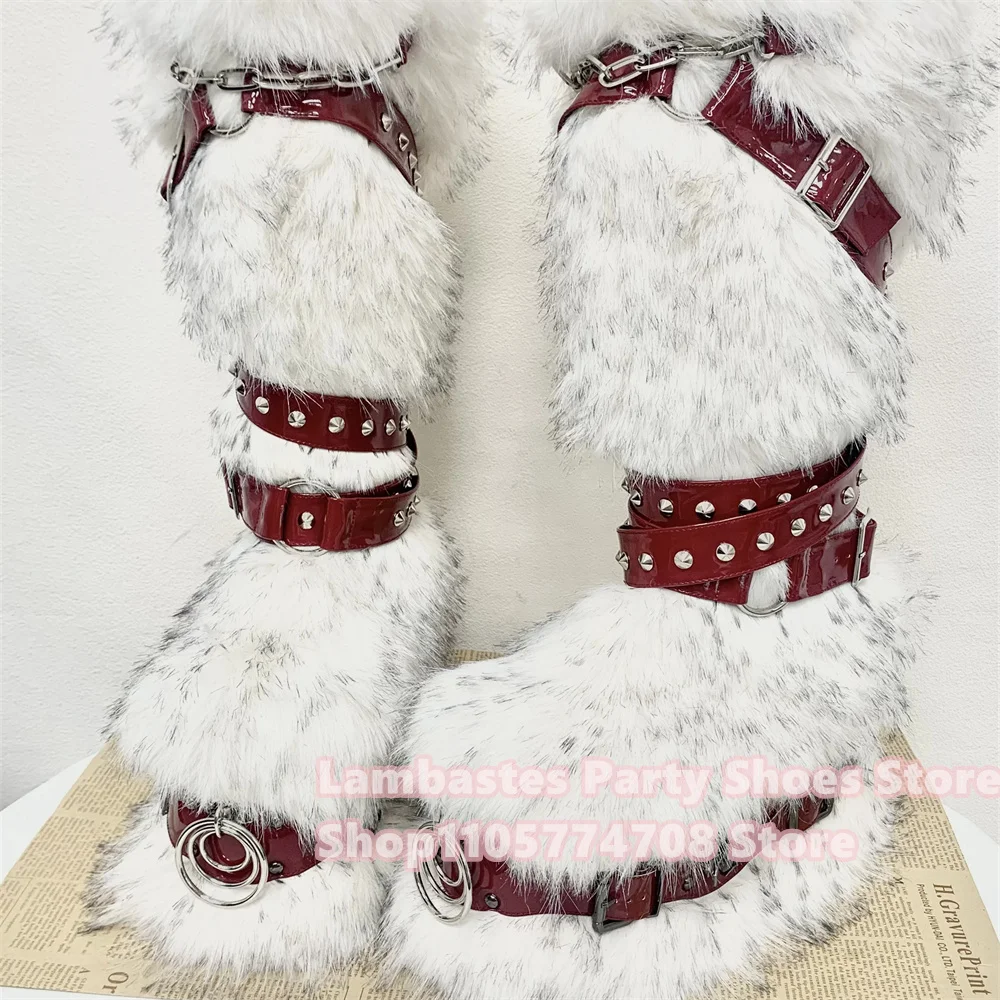 2026 New Punk Red Belt Buckle Rivet Decoration Sponge Cake Thick Bottom Hairy Knee High Boot Winter New Warm Long Boot