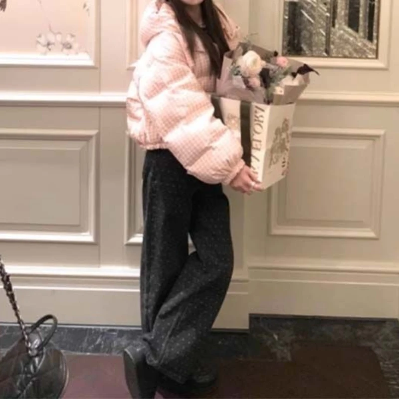 الشتاء أسفل الملابس القطنية المرأة الجديدة الوردي منقوشة فضفاضة صغيرة قصيرة مقنعين سترة #3