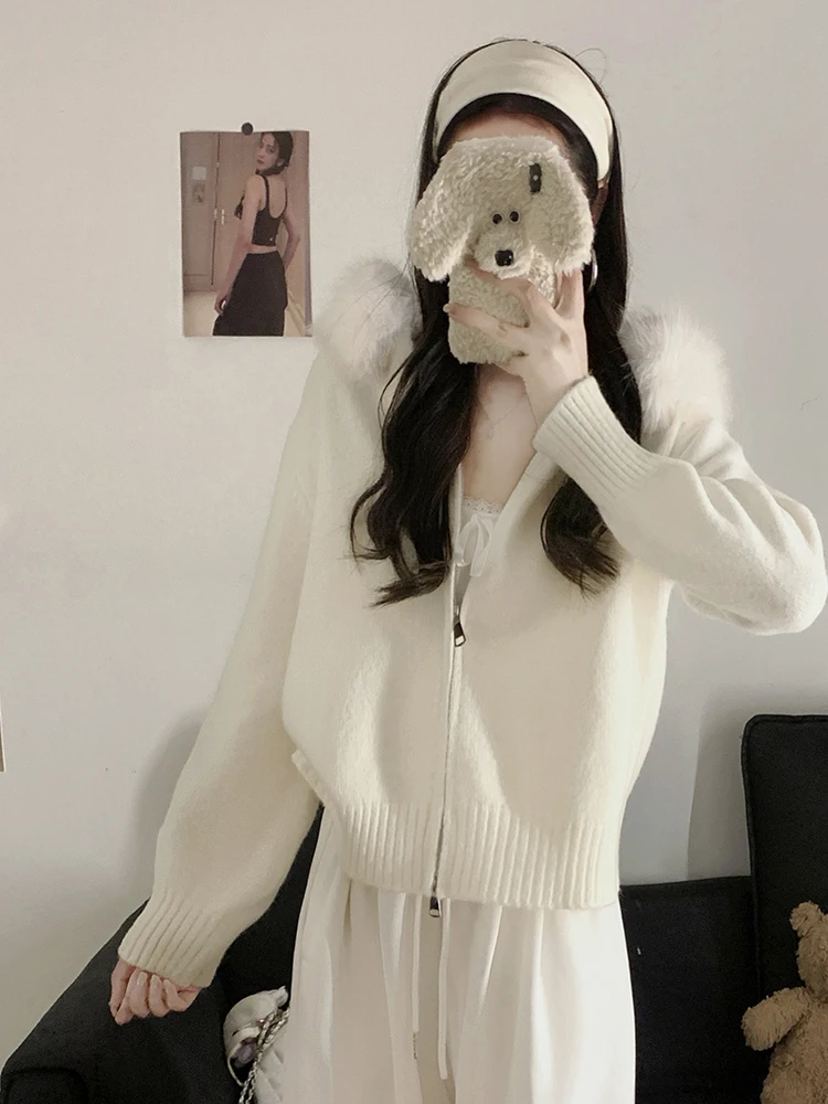 معطف محبوك بقلنسوة للخريف والشتاء، سترة نسائية كاجوال نحيفة محبوكة مفتوحة مع ياقة من الفرو