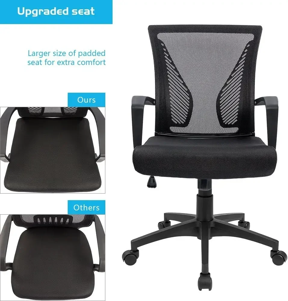 Silla de oficina con respaldo medio, silla de escritorio con soporte lumbar giratorio, malla ergonómica para computadora con reposabrazos (negro)