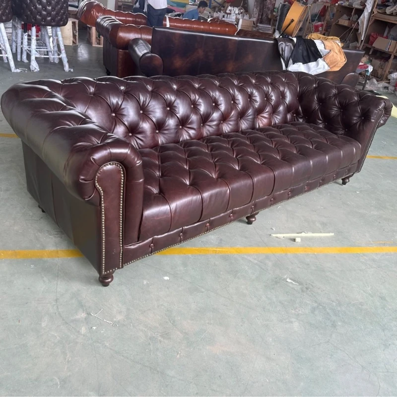

Sofa full leather first layer cowhide antique pull button double hotel clubhouse