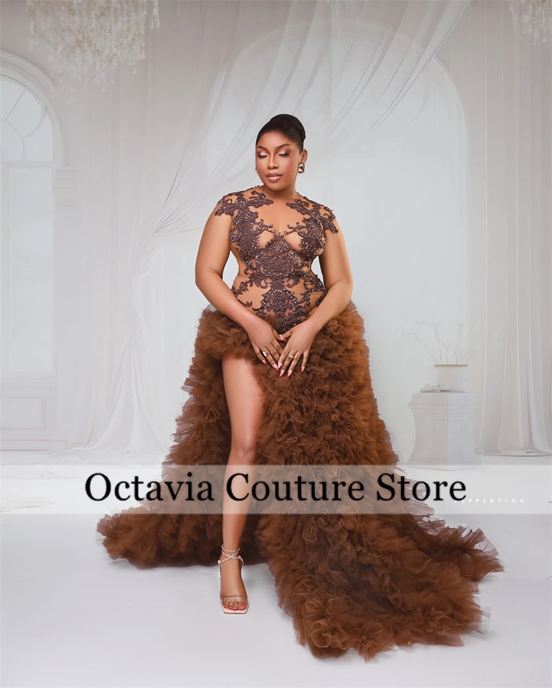 Brown O N Long Prom Dresses For Black Girls Bead Appliques 2024 Birthday Luxury Dress Ruffles Evening Gown With Split Customized