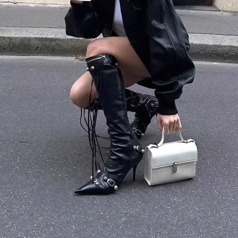

Women's Elegant Knee High Boots Fad Designer High Heel Leather Long Boots for Women Gothic Rock Metal Buckle Womens Knight Boots