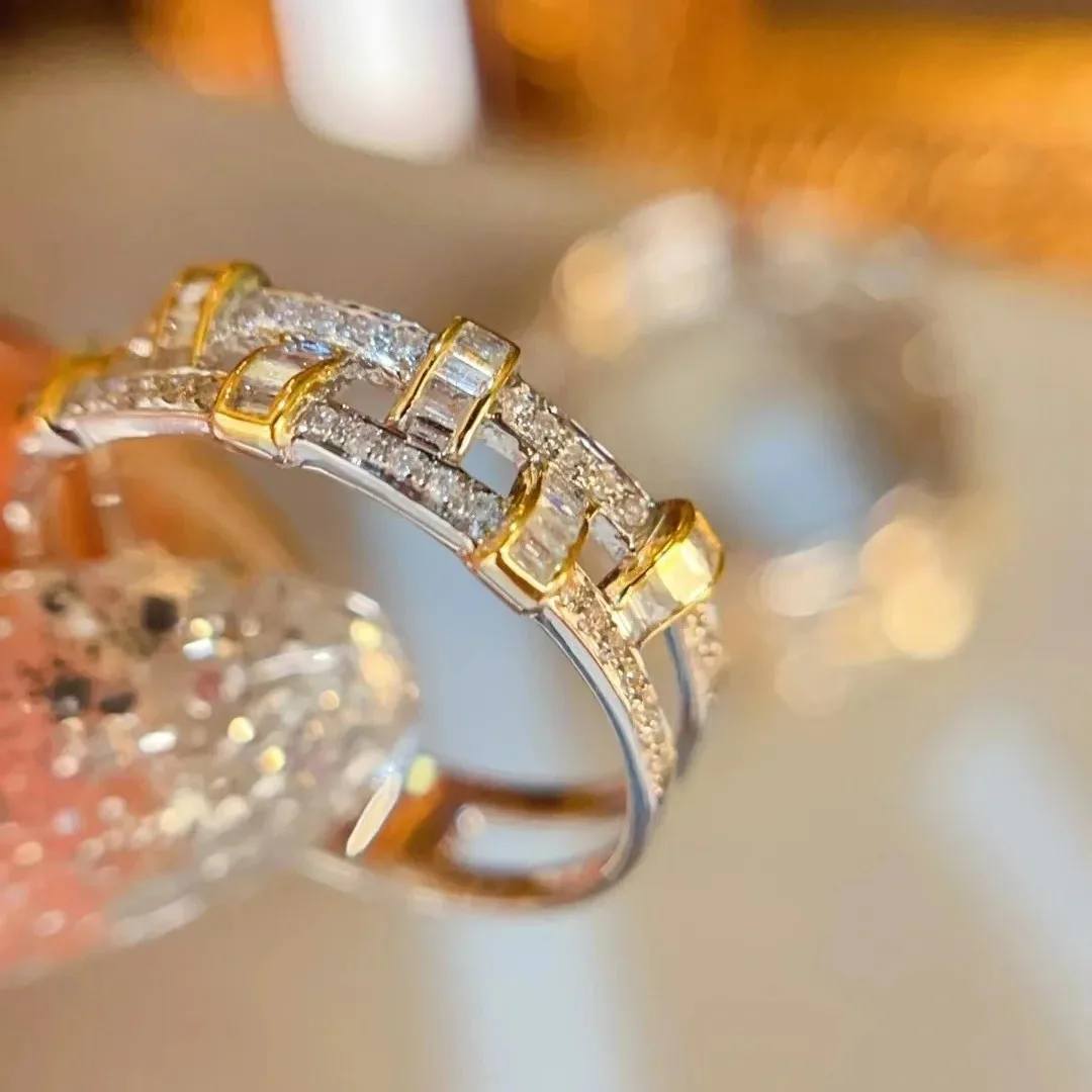 

Ins Influencer 925 Silver Zircon Finger Band Two-tones Wedding Engagement Band AU750 Yellow Gold Stackable Ring Fine Jewellery