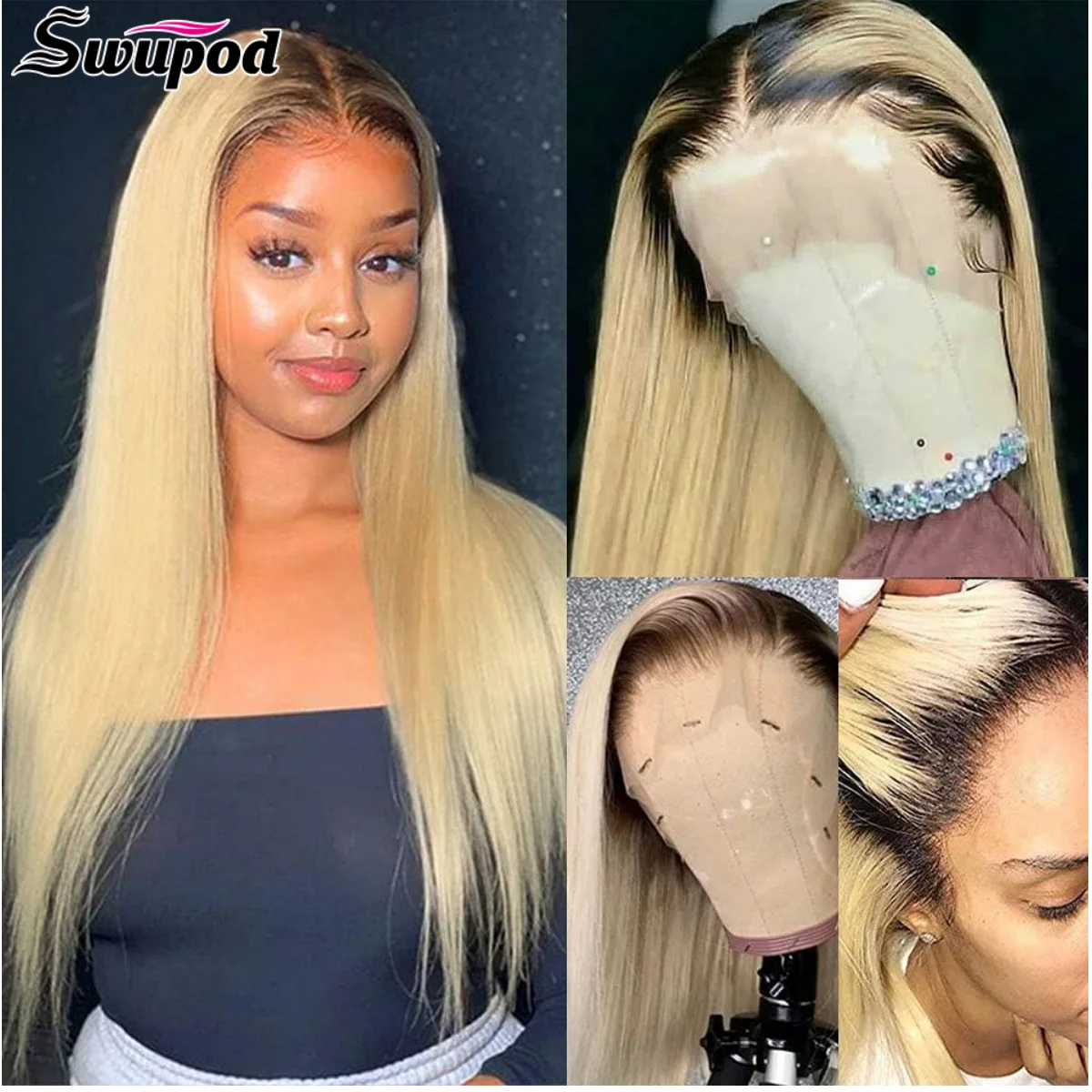 

Swupod Straight Remy Human Hair 13x4 HD Lace Front Wig for Women 1B613 Ombre Honey Blonde Black Frontal Glueless Pre Plucked