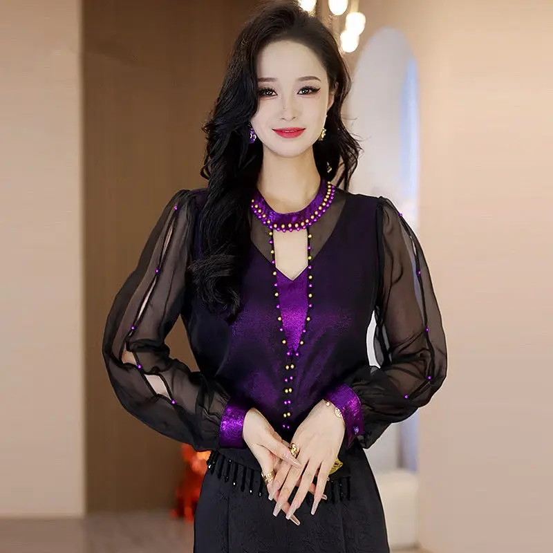 French Retro Fake Two Purple Shirts for Women 2024 Early Autumn New Long Sleeved Satin Hollow Top Chic Small Shirt