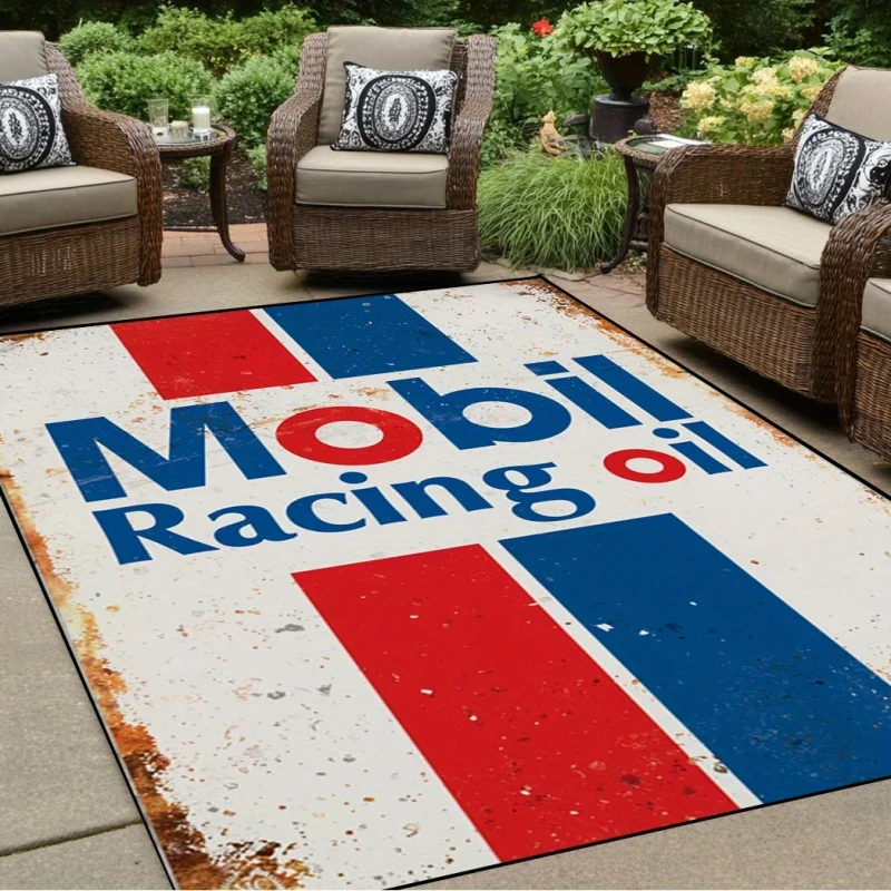 VIKAMA Vintage Mobil Racing Oil Area Rug Distressed Rusty Metal Sign Print Non Slip Large Floor Mat Retro Gas Station Garage Rug