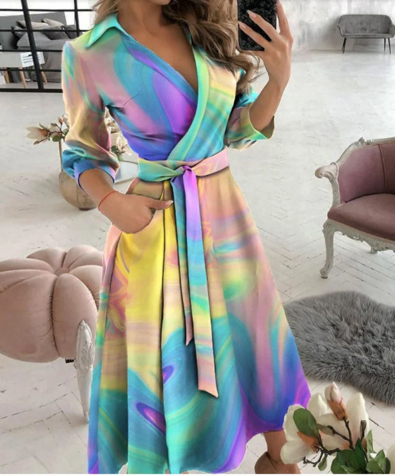 Rainbow Striped Print Summer Dress 2023 Women Button Up Short Sleeve Casual Vintage Shirt Long Dress Ladies Elegant Maxi Dresses