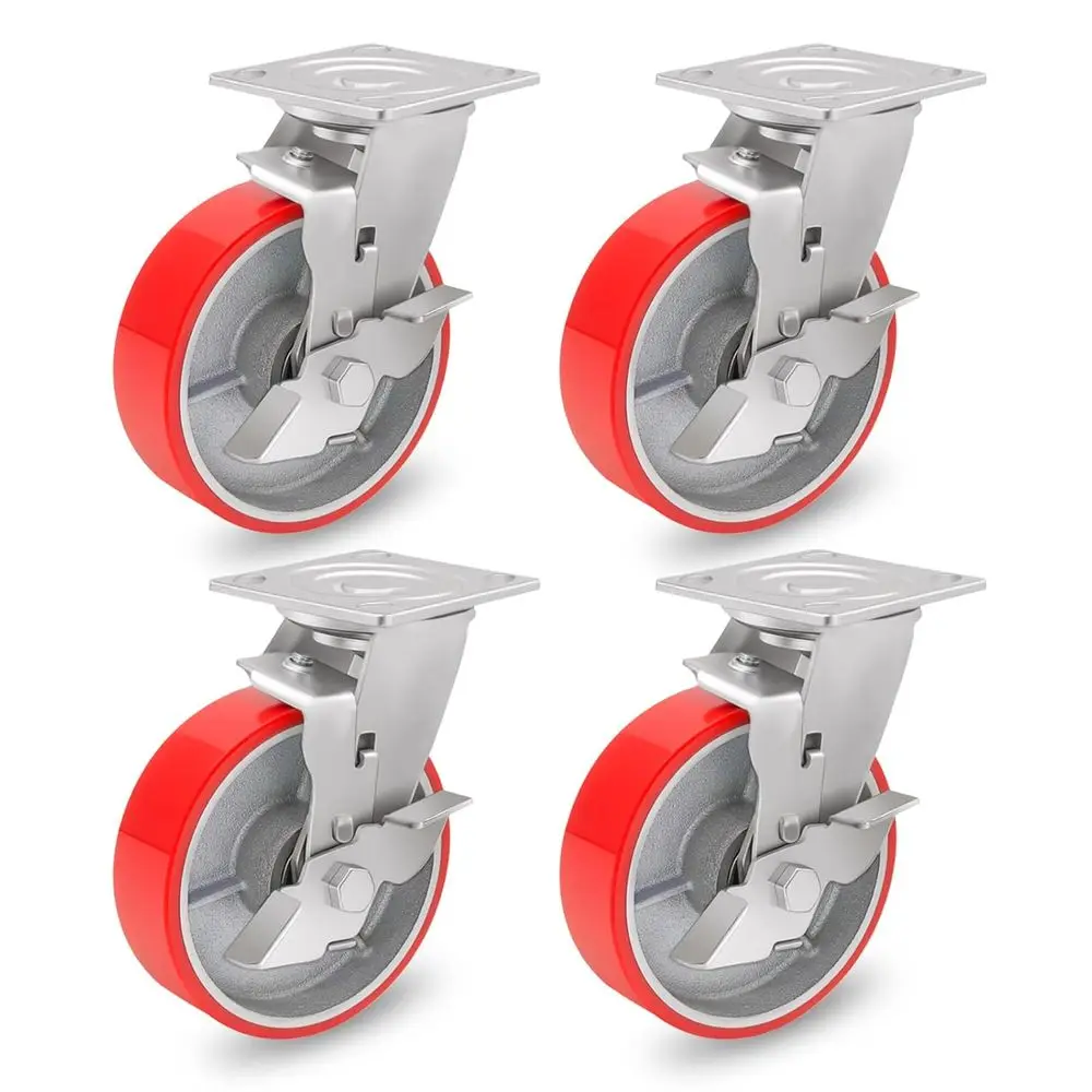 6 Inch Industrial Casters Set o 4 Heavy Duty No Noise Polyurethane Wheel on Steel Hub, Workbench Casters with Brakes 4800 Lbs, P