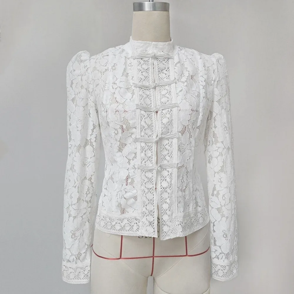 Modische, ausgeschnittene, mit Spitze bedruckte Hemden, langärmelig, schmal geschnitten, durchsichtige Bluse, Froschkopfknopf, Patchwork, Damenhemd, Oberteile, für den Arbeitsalltag – Detail 6