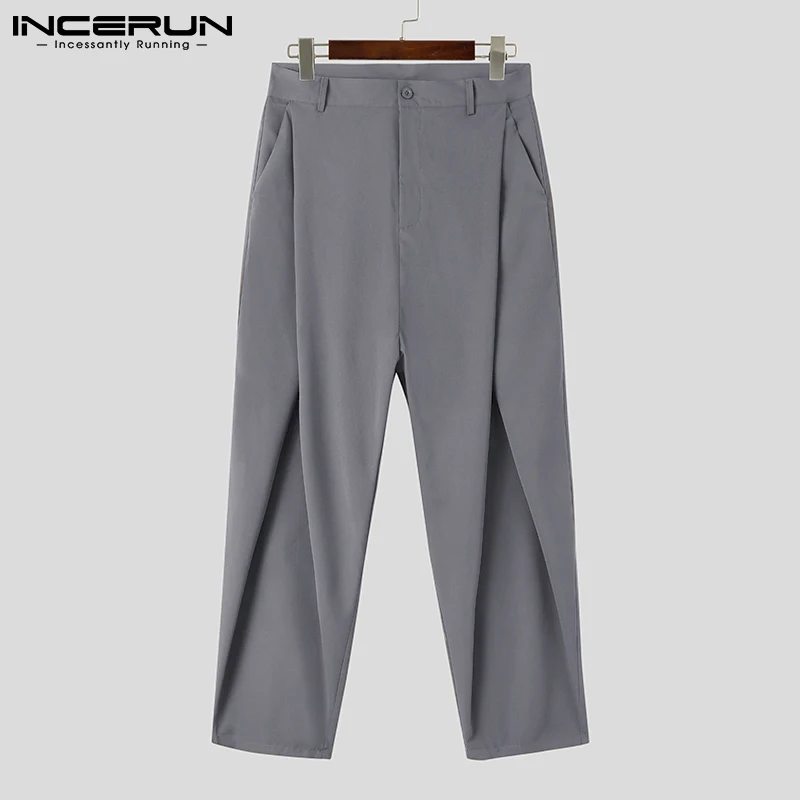 INCERUN 2024 Men Pants Solid Color Button Streetwear Joggers Loose Trousers Men Pleated Pockets Fashion Casual Long Pants S-5XL