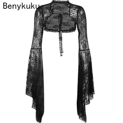 Vintage Gothic Black Lace Cardigan Women Streetwear Flare Sleeve See Through Sexy Smock Top Aesthetic Cropped Tops Women Bolero