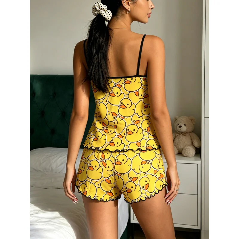 Women Spring Summer Fall Pajama Set Spaghetti Strap Ruffle Trim Round Neck Sleeveless Cami Shorts Cute Yellow Rubber Duck Print