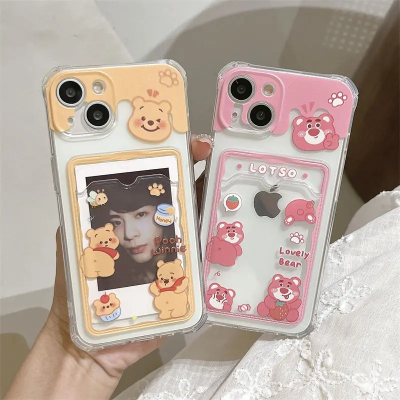 Cartoon niedlichen Lotsos Poohs Karte halten Fall für iPhone 16 15 14 13 12 11 Mini Pro Max XR Xsmax 7 8 plus Se20 Anti-Fall klare Abdeckung