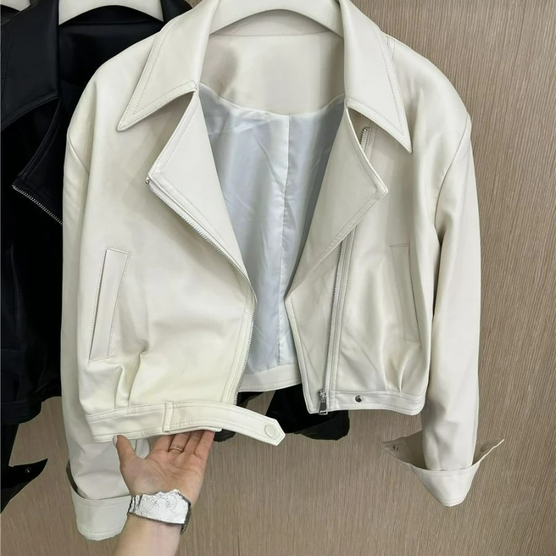 New Spring/Autumn 2026 Korean-style Fashionable Lapel Motorcycle Leather Jacket Short Slimming Form-fitting Outerwear for Women