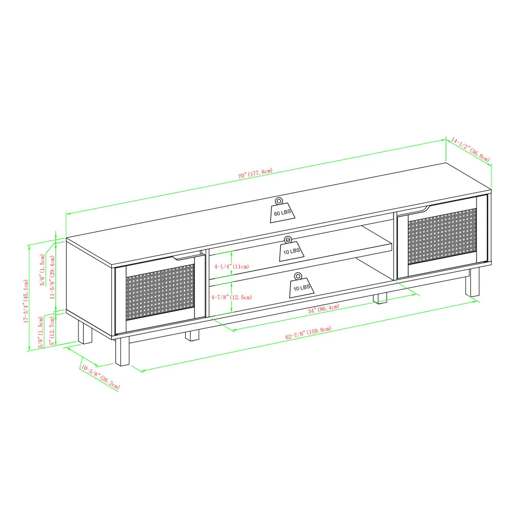 Rattan porta baixa TV Stand para TVs, moderno, até 80 polegadas, preto