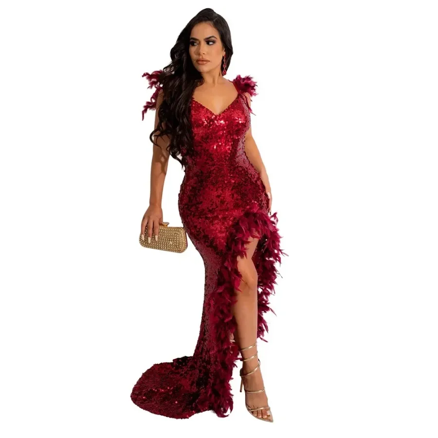 

Customized Sequin African Party Evening Dresses for Women Autumn Sexy Africa Sleeveless V-neck Long Maxi Dress Gowns Outfit Afri