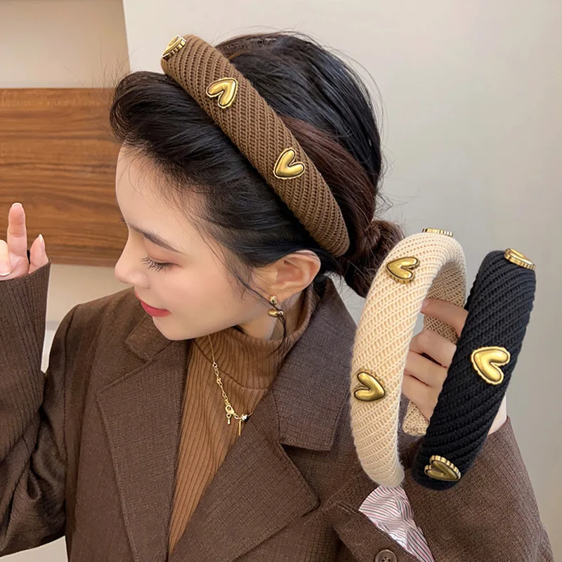 Female Knitting Hairbands with Heart Vintage Autumn Hair Accessories for Women Handmade Hair Hoop Lady Girls Headbands