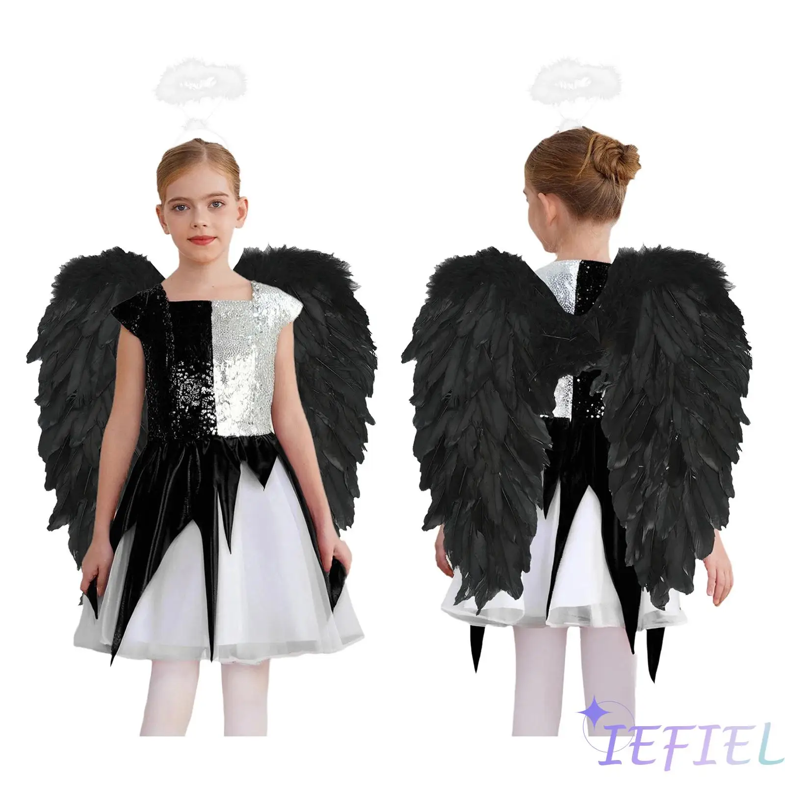 

Комплект костюма полуангела половины дьявола для девочек, сверкающее платье с пайетками и повязкой на голову и крыльями для косплея на Хэллоуин