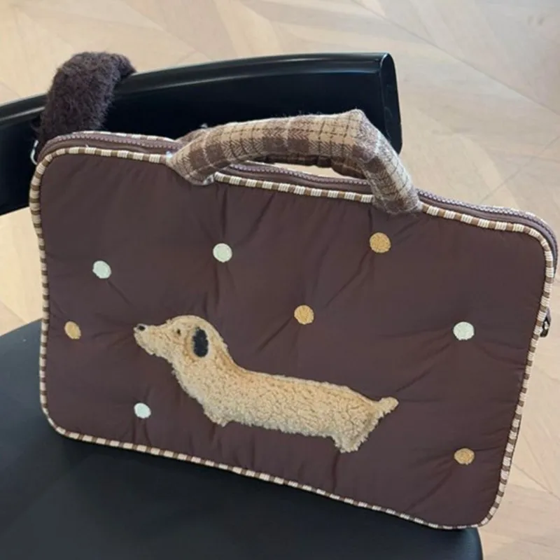 Ins Puppy Embroidery Brown Laptop Bag MacBook Air Pro 13 14 15 16 Inch Laptop Sleeve Large Capacity Shockproof Anti Fall Handbag