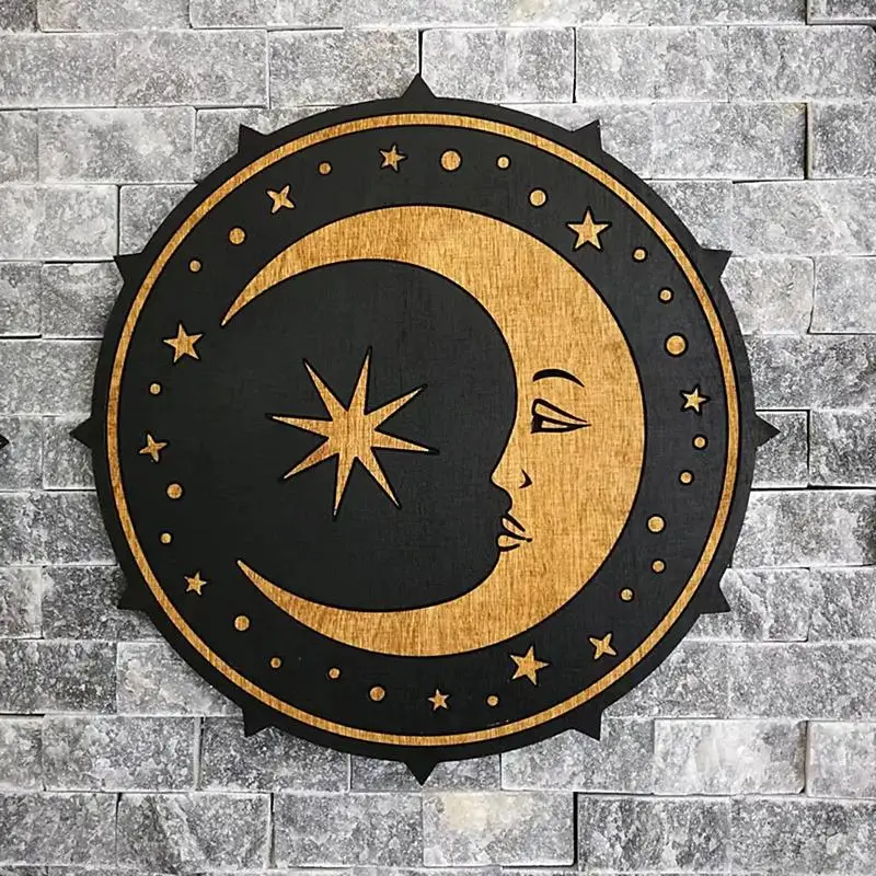 Sun and Moon Decor | Wooden Star Moon Wall Art with Back Hook | Farmhouse Suspension Ornament for Front Door Colored Kitchen Por