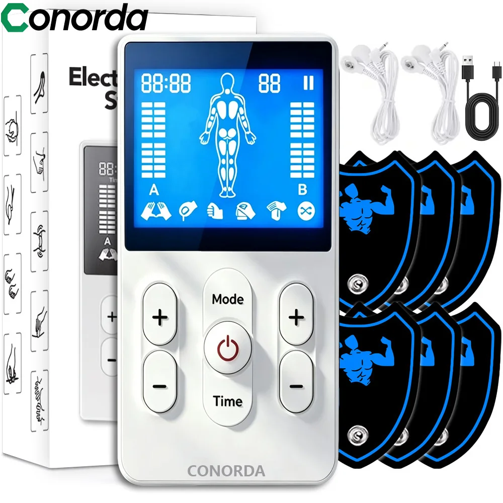 Appareil TENS numérique à 2 canaux, électrostimulateur corporel EMS, stimulateur musculaire avec 20 niveaux d'intensité, rechargeable pour soulager la douleur