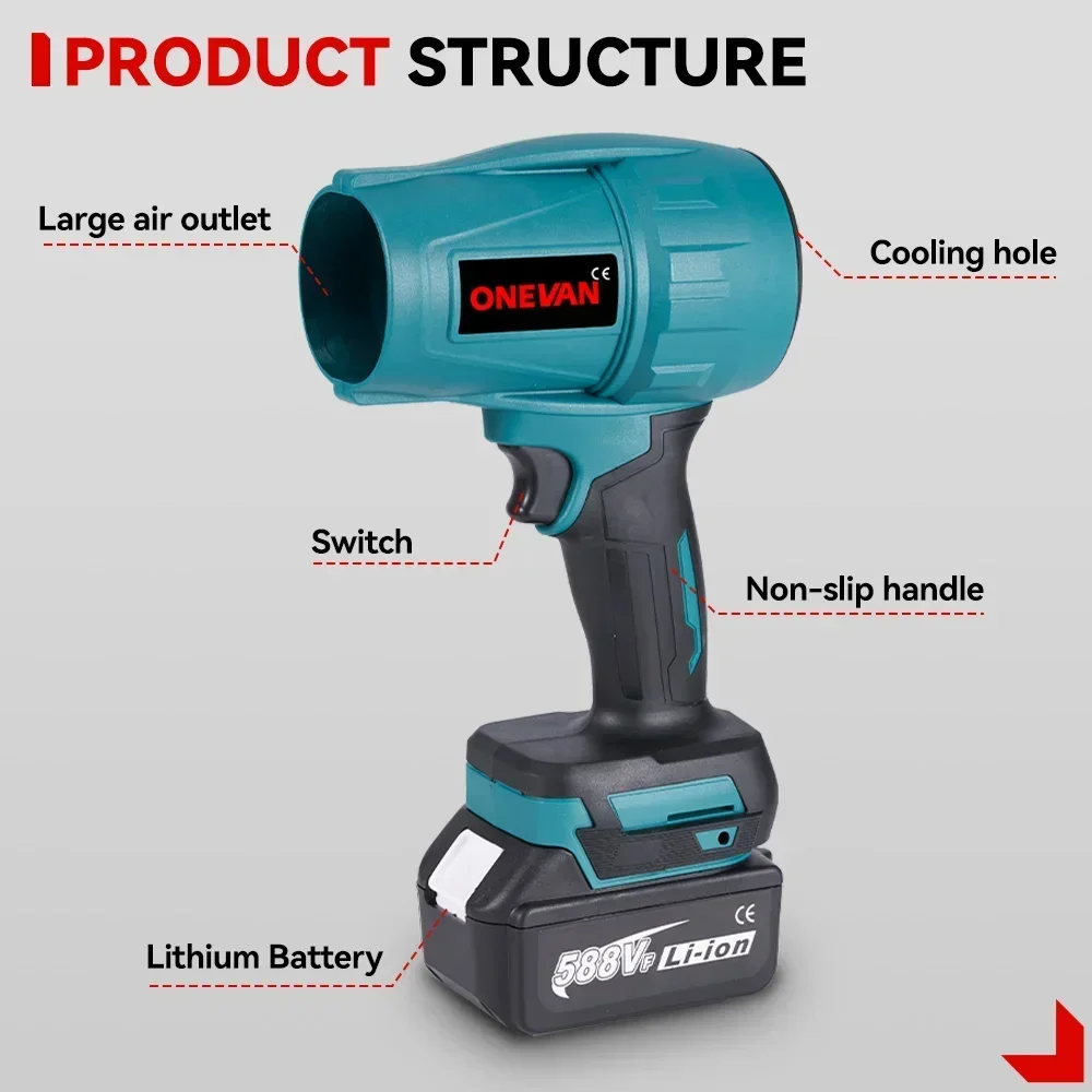 브러시리스 전기 터보 송풍기, 강력한 자동차 건조기, 휴대용 먼지 제트 선풍기, 눈 제거 도구, Makita 18V 배터리, 2000W, 200 M/S