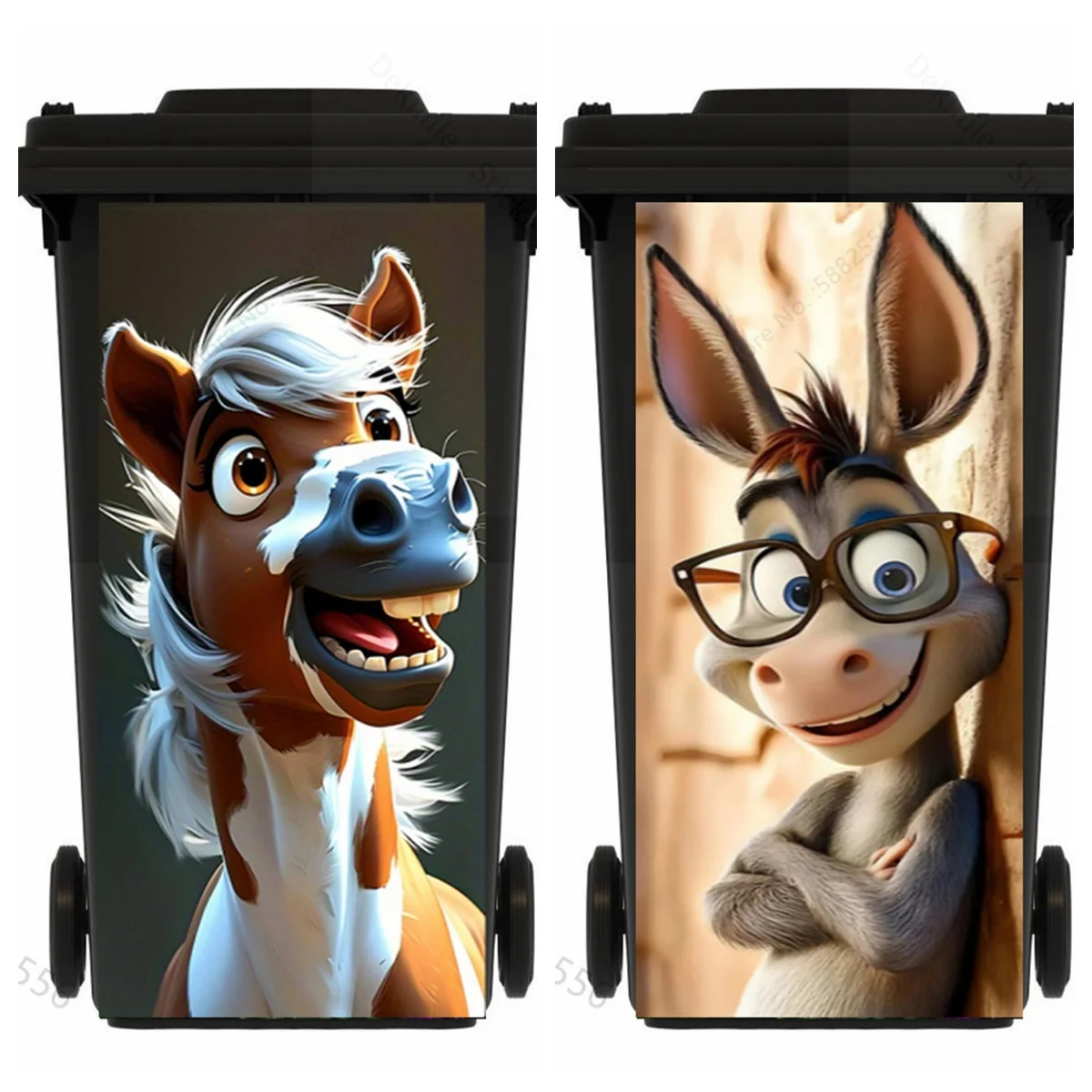 Funny Cartoon Horse Trash Can Stickers Smiling Animal Cat Sheep Vinyl Decal Home Decor Waterproof Anti-Slip Bin Decor Easy Clean