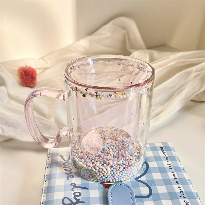 Japanese-Korean Style Girl's Heart Bubble Star Empty Cup Handle Ins Sequins Double-layer Glass Simple Household Coffee Milk Cup