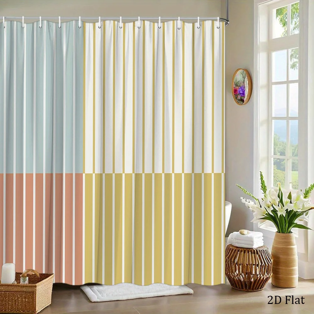 Tri-Color Vertical Stripe Illustration Shower Curtain 1pc with 12 Hooks for Bathroom Home Decor Polyester  70.8x70.8 Inch