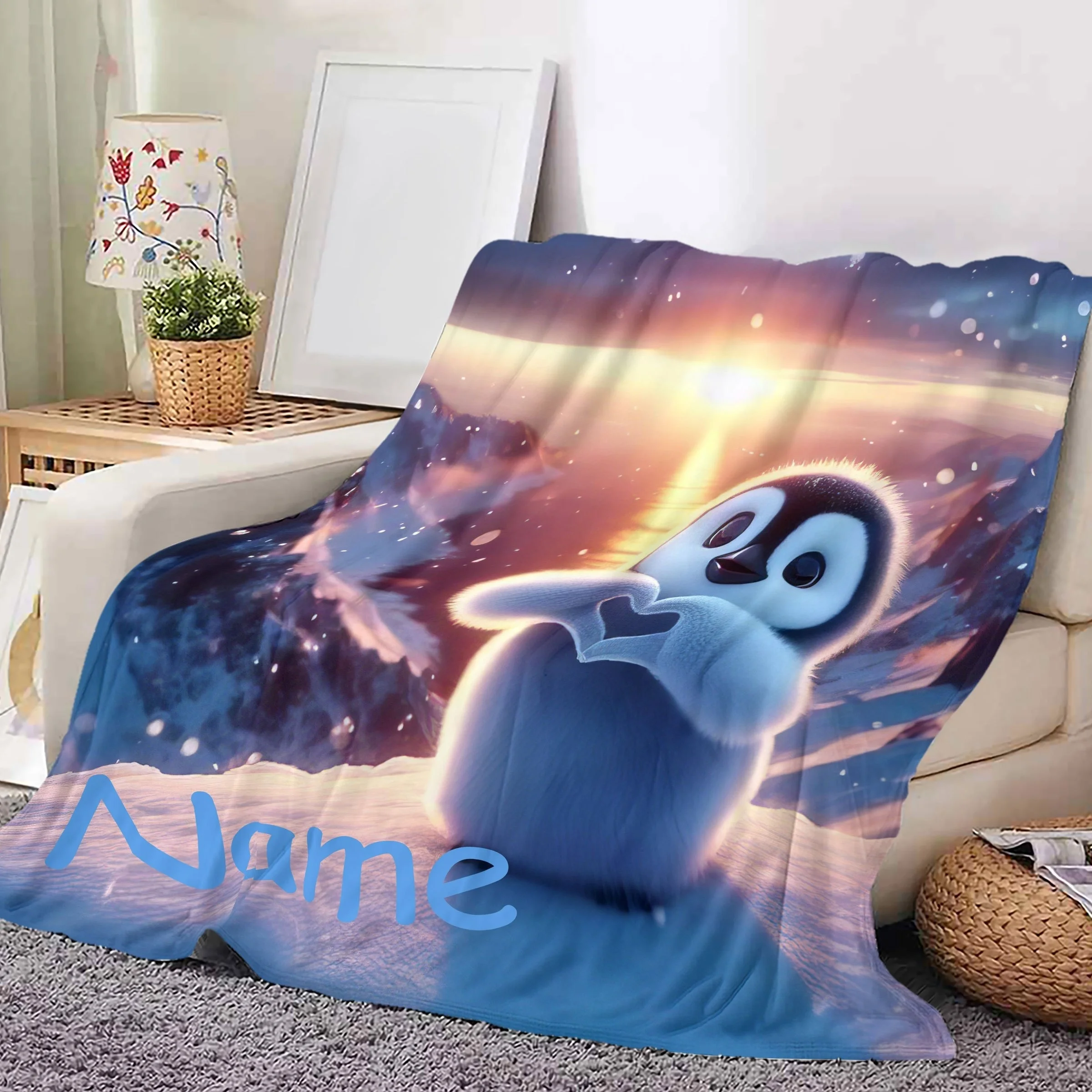 Sunset Penguin Printed Flannel Bed Blanket Modern Style, Hand Washed, Multi functional Knitted Fabric