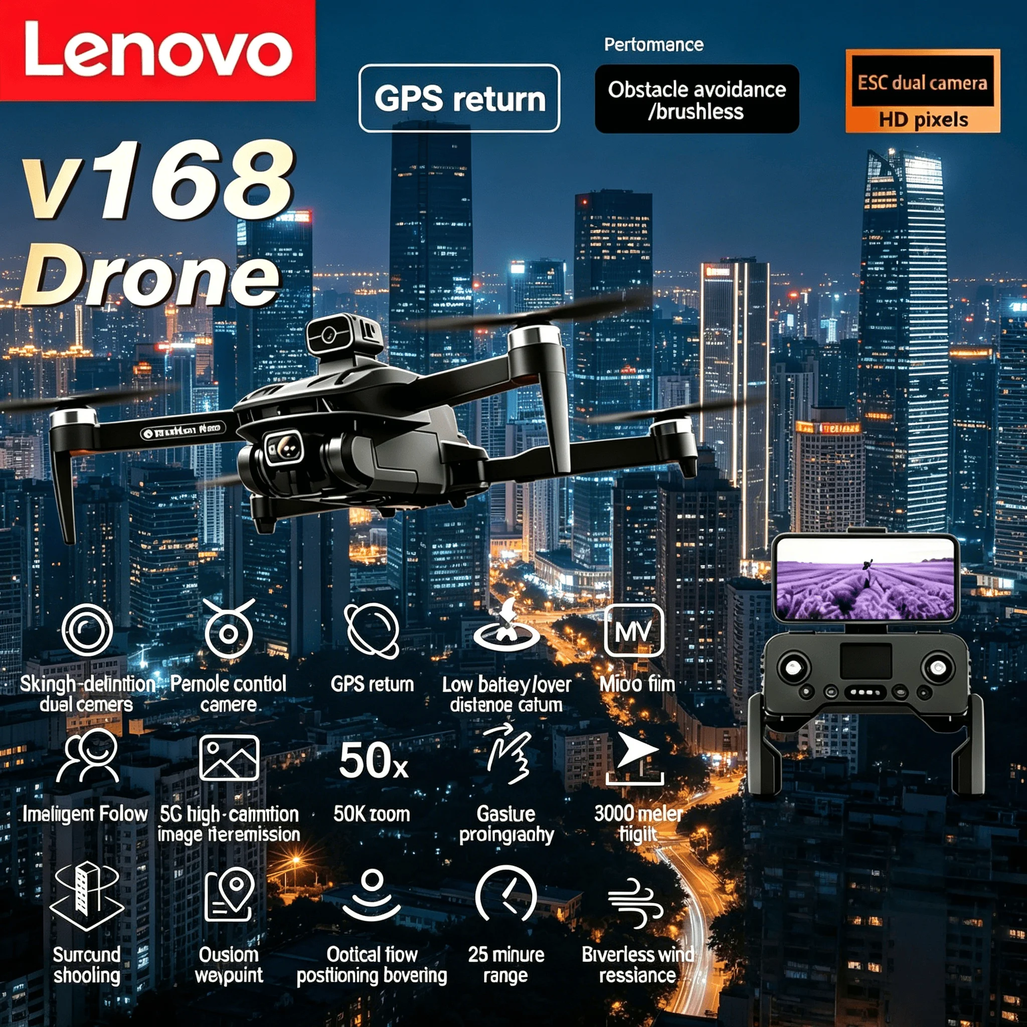 Lenovo V168 GPS 8K Drone 3-Camera Wide Angle Optical Localization 4-Way Obstacle Avoidance Quadcopter Aerial Photography