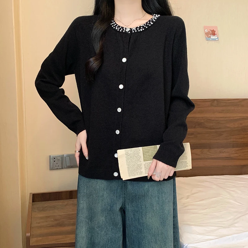 

Korean Women's Cardigan Sweater Elegant Stylish Chic Ladies Tops 2025 Autumn Pearl Flower Single-breasted Jumpers Knitwear