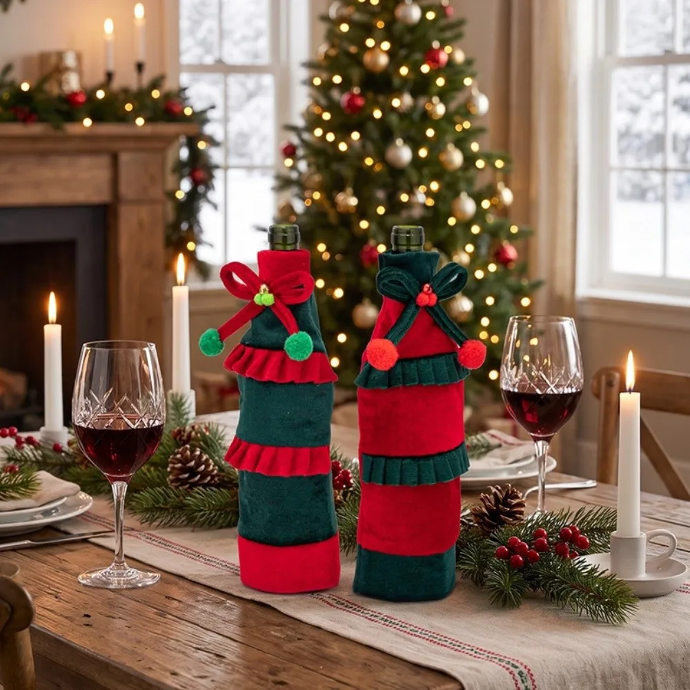 Bow Ruffled Christmas Velvet Bottle Cover 30cm 11.81in Bowknot Beer Bottle Cover Elegant Velvet Holiday Decoration
