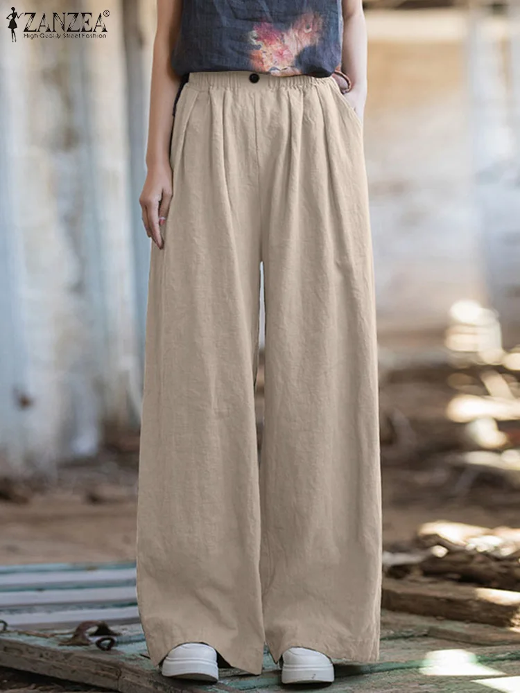 

ZANZEA Cotton Solid Color Trouser Daily Autumn 2024 Commute Korean Style Wide Leg Pant Elastic Waist Women Casual Loose Pantalon