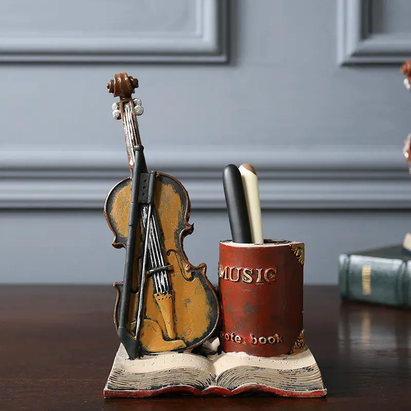 Nordic Vintage Violin Pen Holder - Creative Resin Desk Organizer for Office,Unique Book Shelf Decor,Cute Gift for Music Lovers