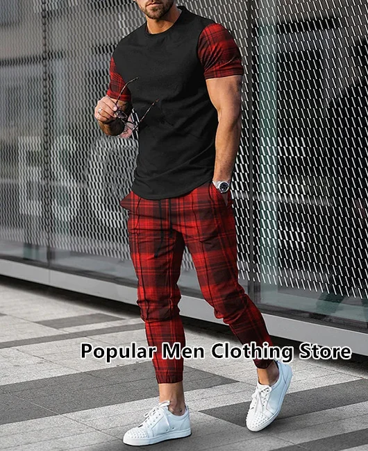 2023 Fashion Men Tshirt Suit Tracksuit Men Clothes 3D Printed Sportswear Short Sleeve T-shirt Long Pants Streetwear 2 Piece Set