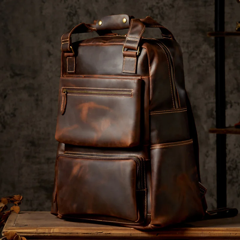 

17.3" Laptop bag retro crazy horse leather oversized backpack leather men's large capacity computer backpack business travel bag