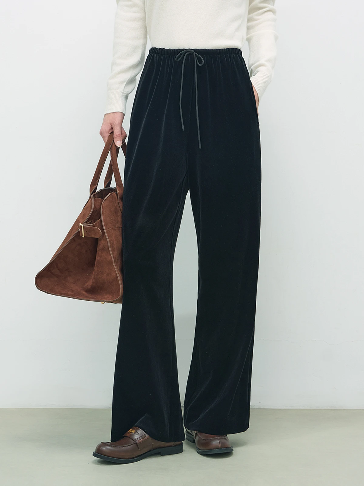 

Вельветовые повседневные брюки с высокой талией, на резинке, свободного кроя, женские, в пол, черные, осенние, модные