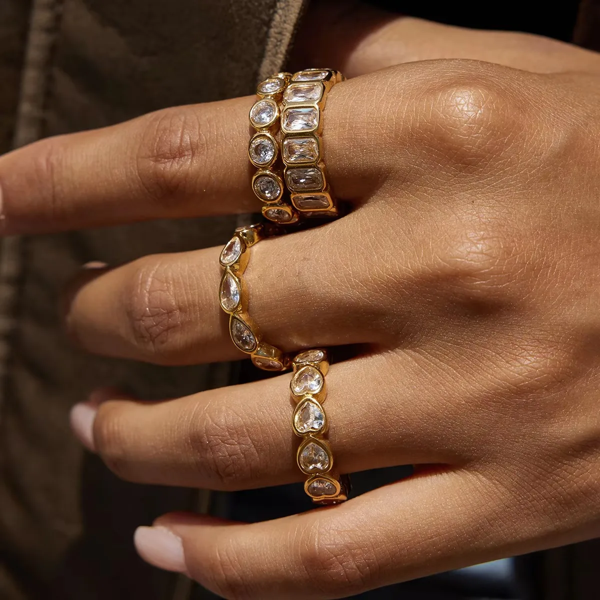 2026 New Simple 18K Gold Color Plated Stainless Steel Zircon Water Drop Shaped Sparkling Ring Stackable Heart Shaped Full Zircon
